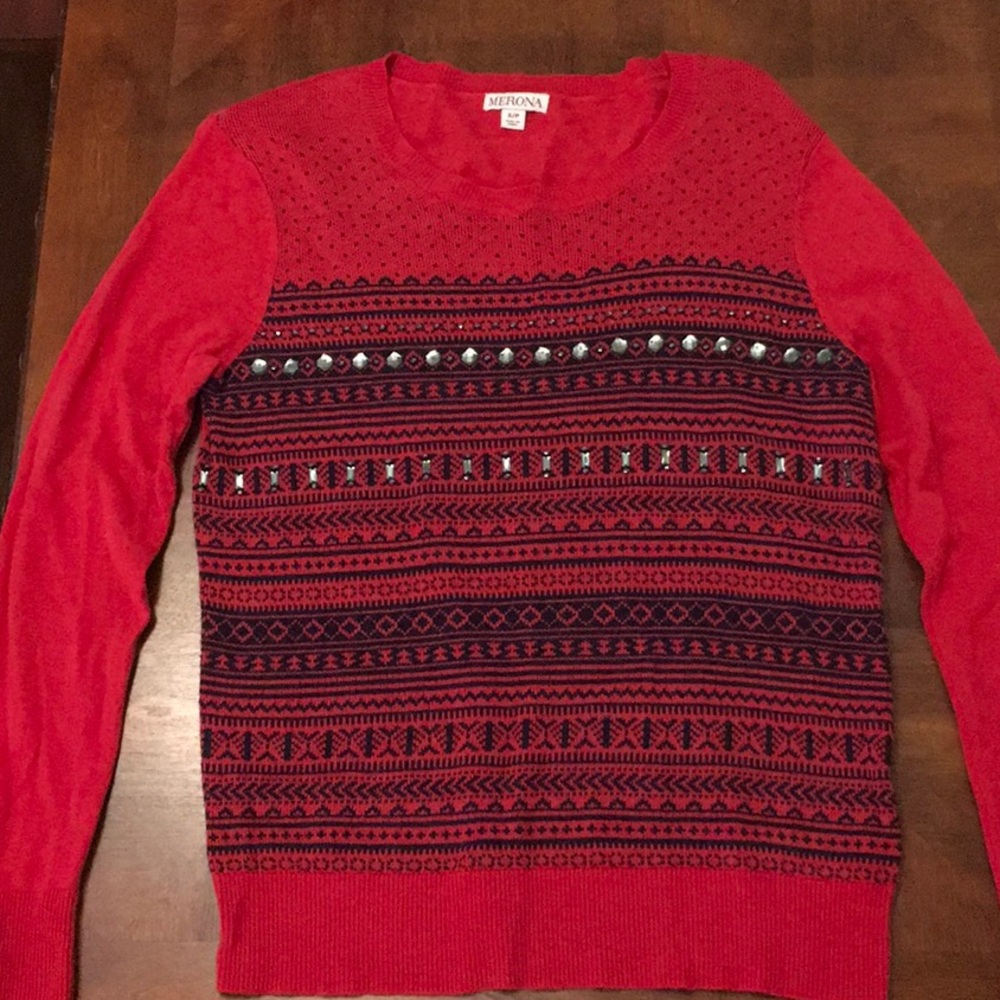 Red & navy jeweled sweater